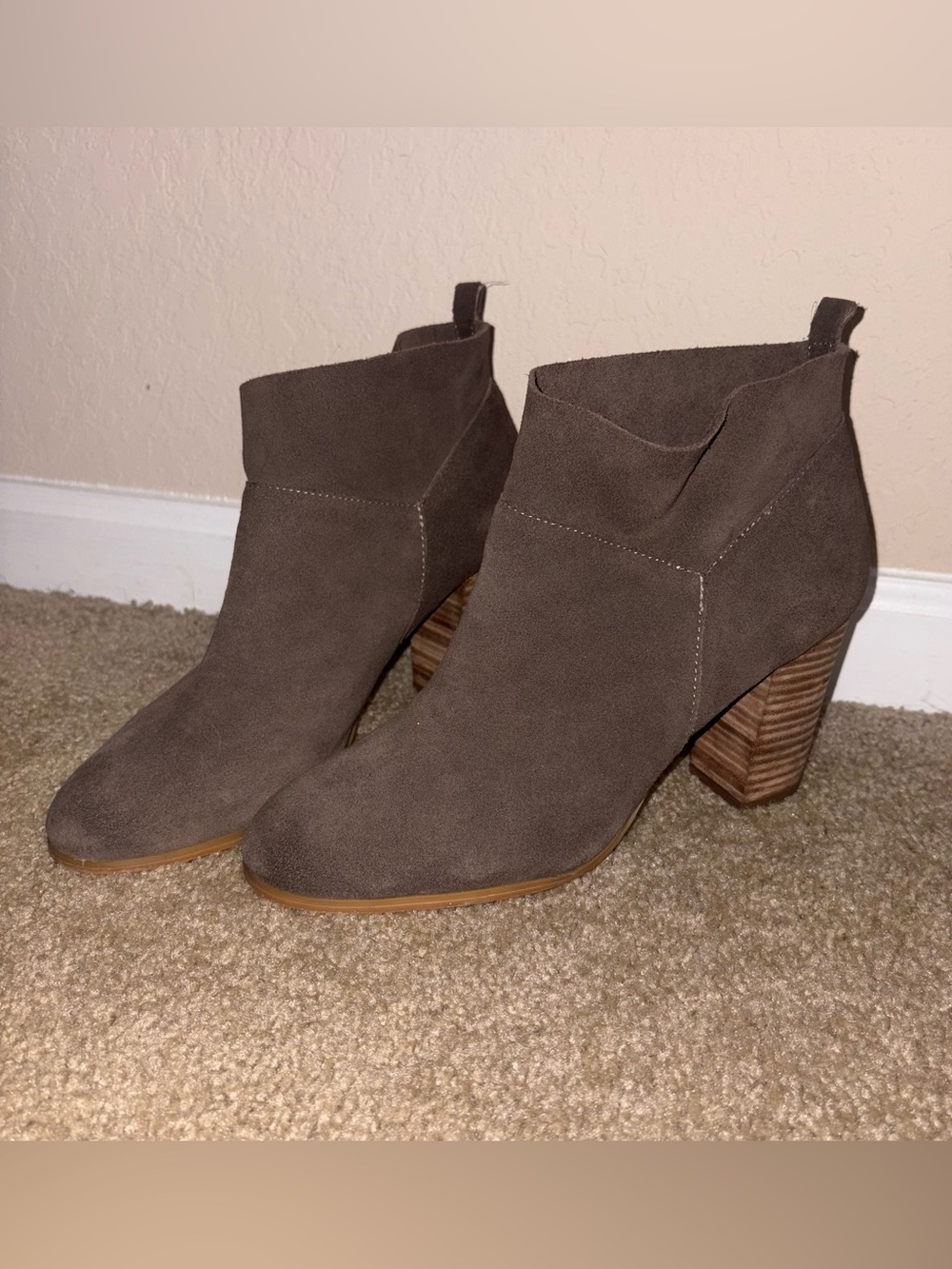 Crown Vintage Taupe Suede Ankle Booties with Stacked Heel
